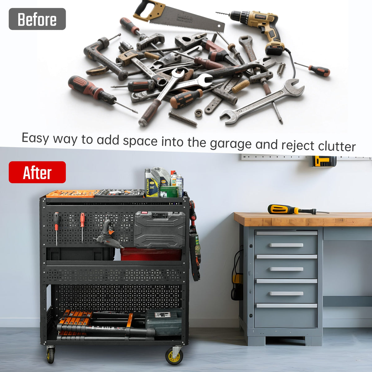 3-Tier DIY Detachable Utility Cart with Steel Pegboard and Wheels