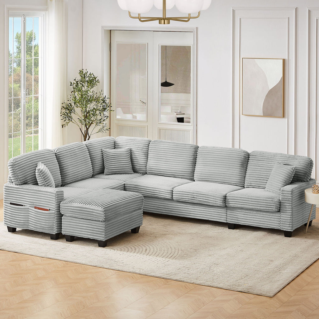 U-Shaped Upholstered Sectional Sofa with Movable Ottoman