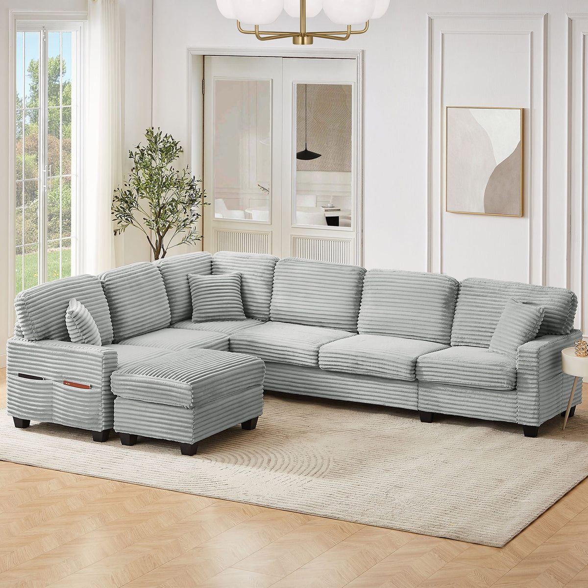 U-Shaped Upholstered Sectional Sofa with Movable Ottoman