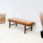 Rustic Upholstered Bench with Genuine Leather Cushion - Tan