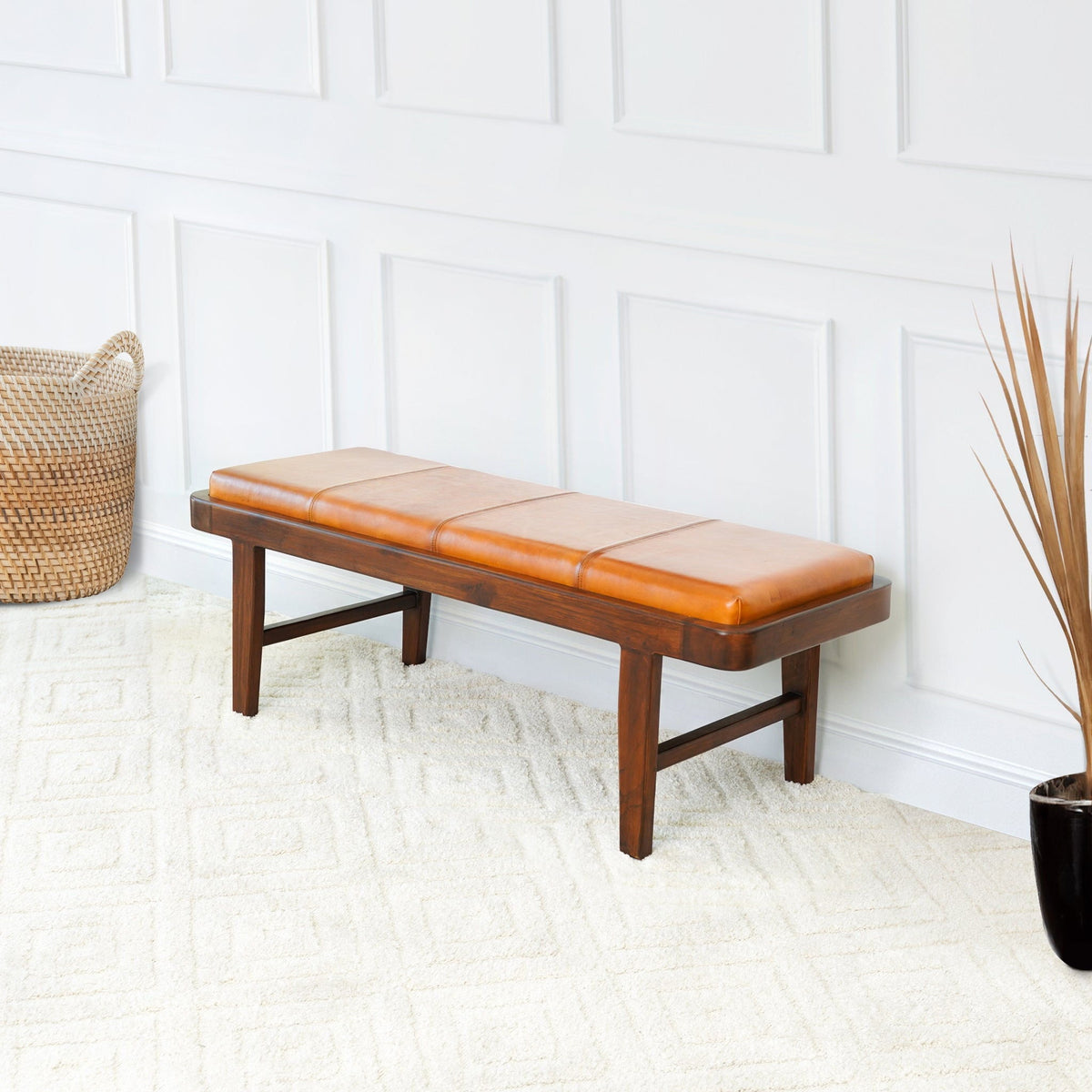 Rustic Upholstered Bench with Genuine Leather Cushion - Tan