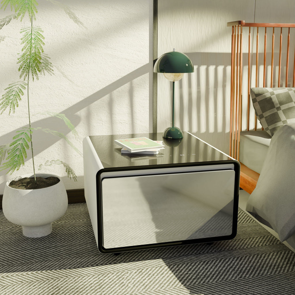 Modern Smart Side Table with Built-In Fridge and Wireless Charging - Black or White