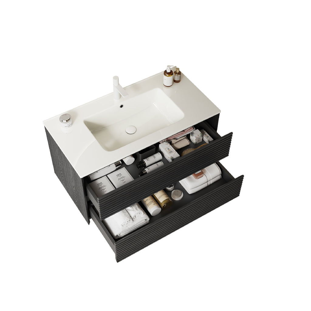 BRON 36" Bathroom Vanity with Sink - Modern Wall-Mounted Floating Cabinet, Dark Oak