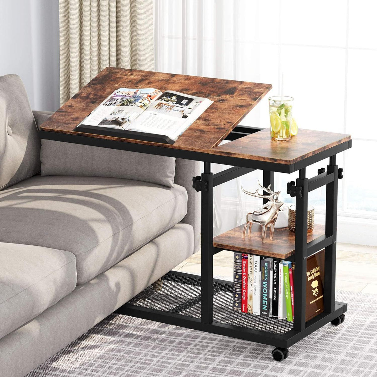 C-Shaped Adjustable End Table with Tilting Top and Storage - Brown / Black