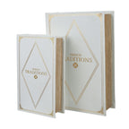 Book Boxes Set of 2 with Faux Leather Covers - White / Gold
