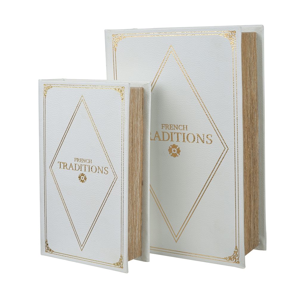 Book Boxes Set of 2 with Faux Leather Covers - White / Gold