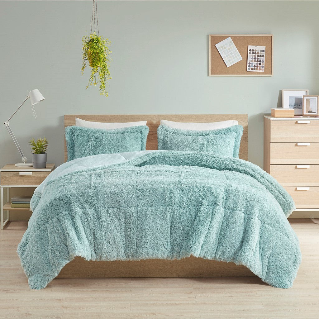 Twin/Twin XL Shaggy Long Fur Comforter Mini Set with Plush Reverse - Gray