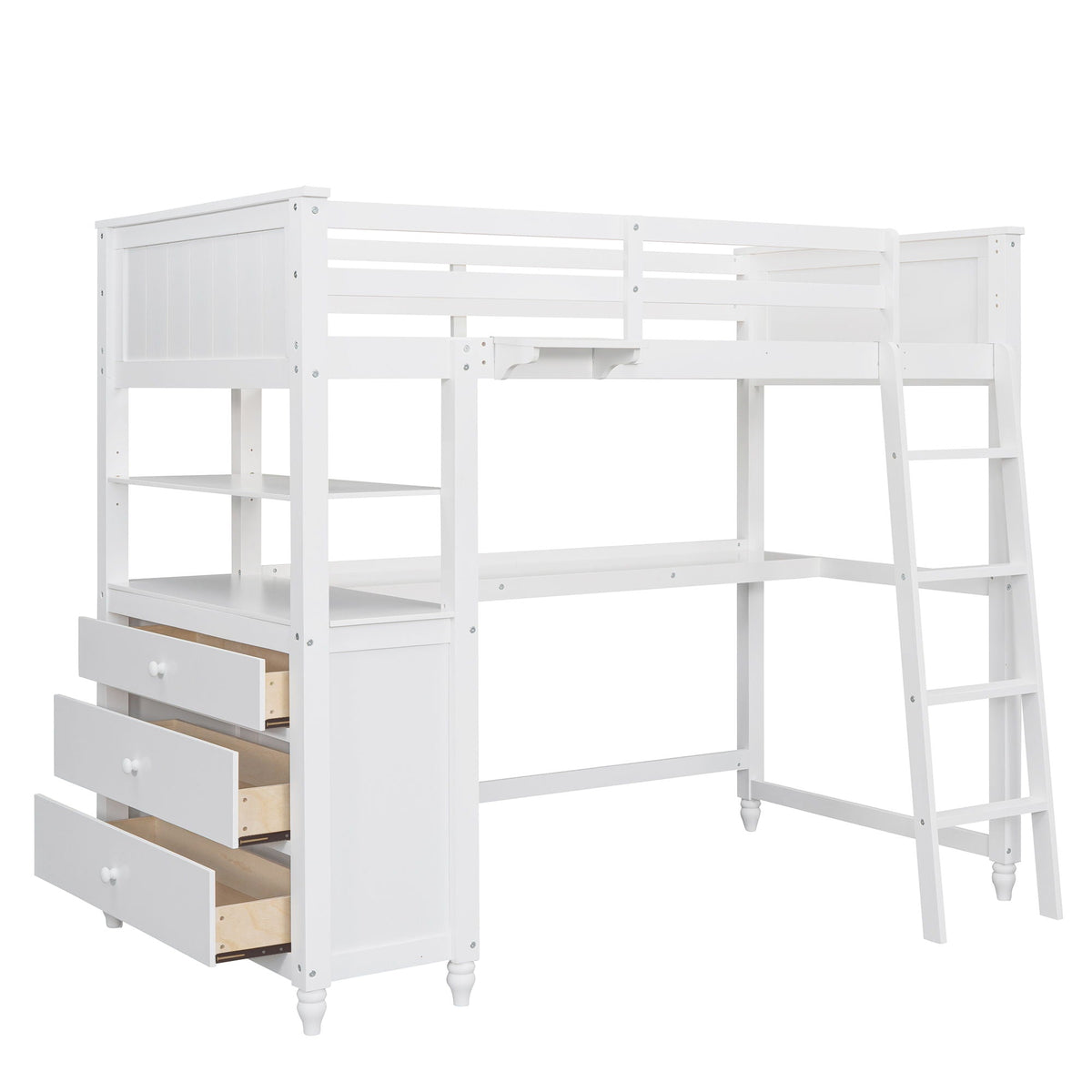 Twin Loft Bed with Drawers and Desk - White