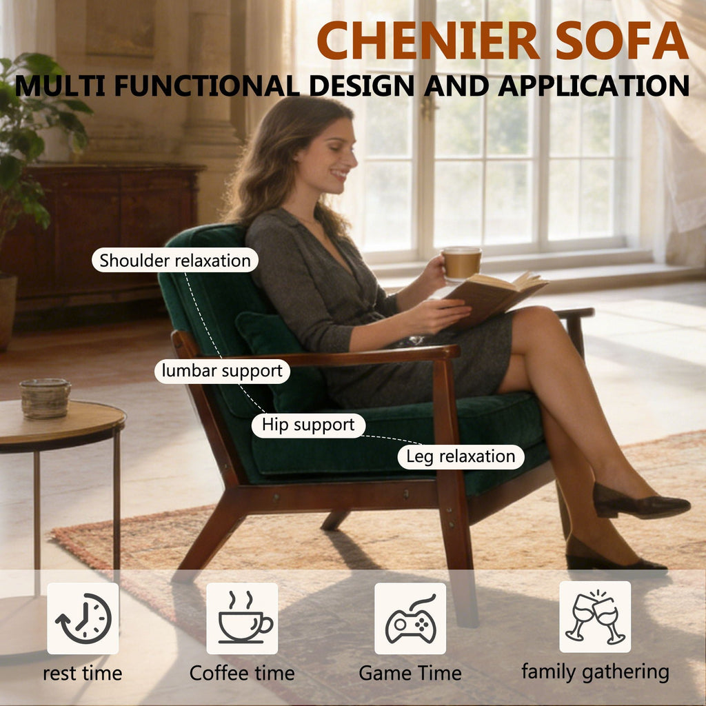 Living Room Chair with Lumbar Pillow and Solid Wood Frame - Dark Gray, Dark Green, Beige