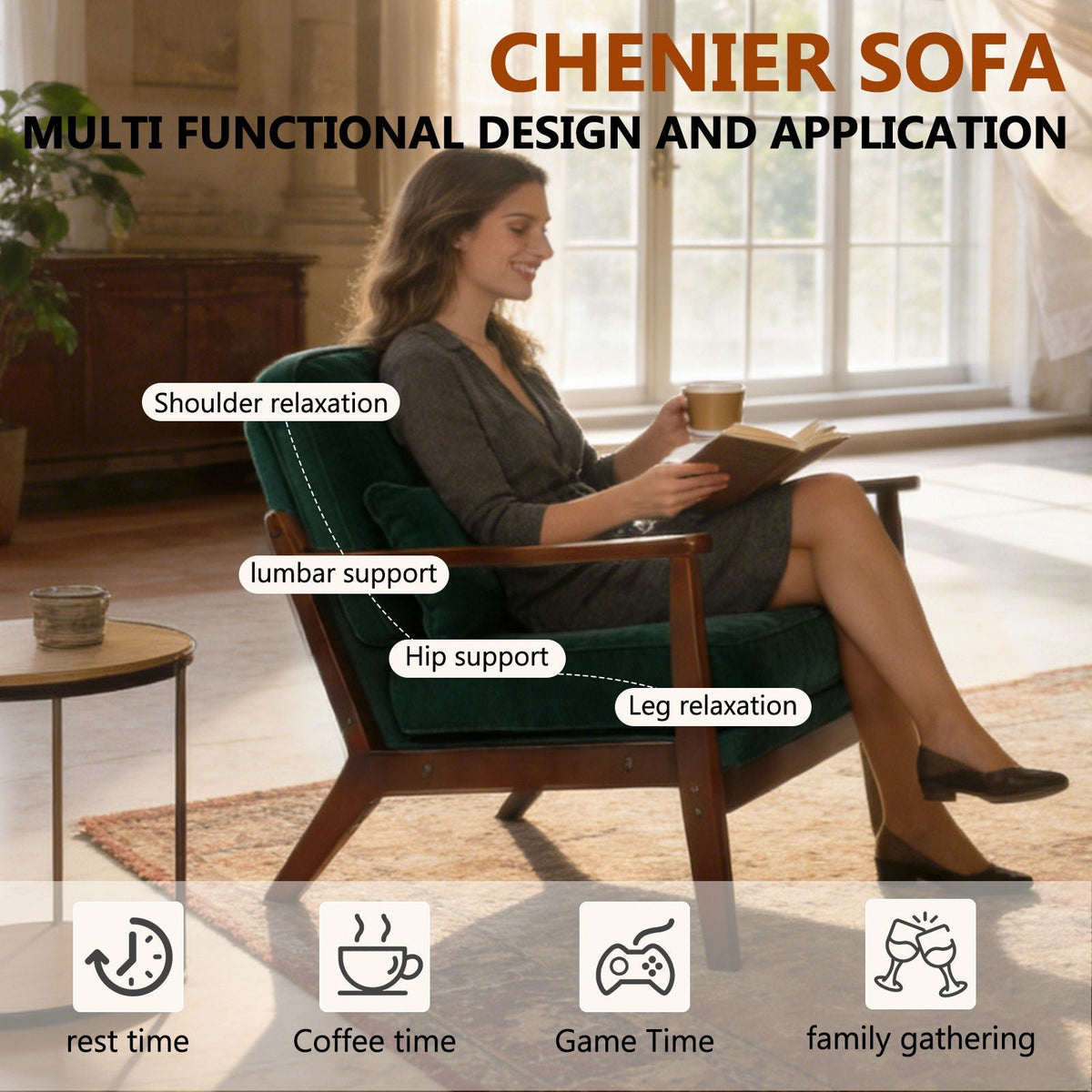 Living Room Chair with Lumbar Pillow and Solid Wood Frame - Dark Gray, Dark Green, Beige
