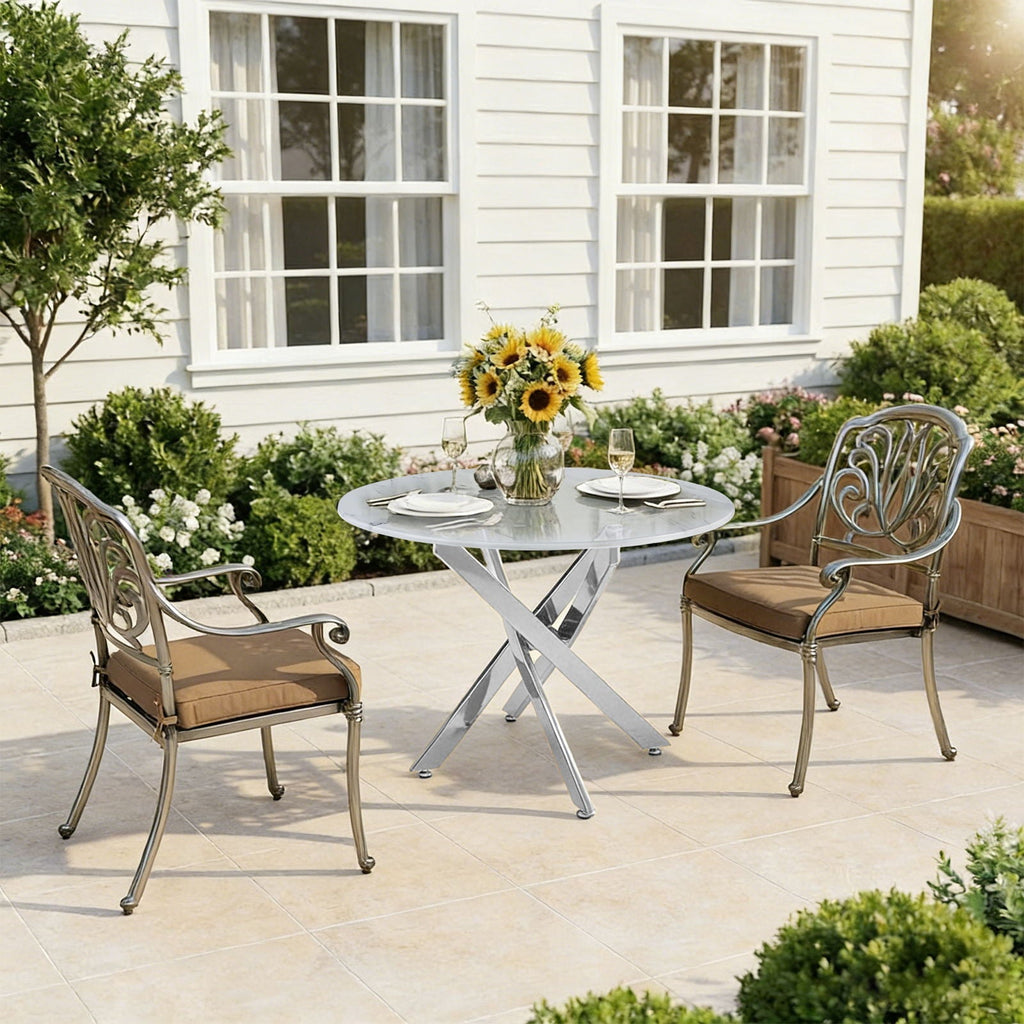 Modern Round Dining Table with Metal Frame - Pearl Silver, Gold, or White