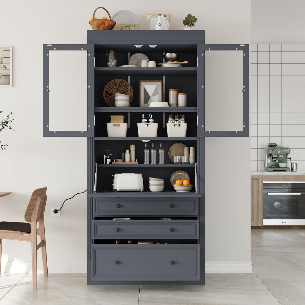 Freestanding Kitchen Pantry Cabinet with Power Outlet – Grey or White