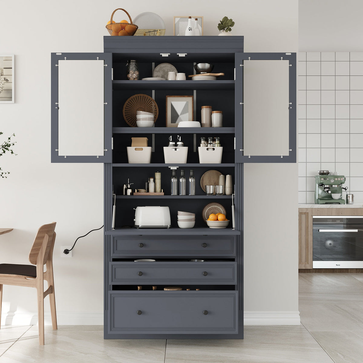 Freestanding Kitchen Pantry Cabinet with Power Outlet – Grey or White