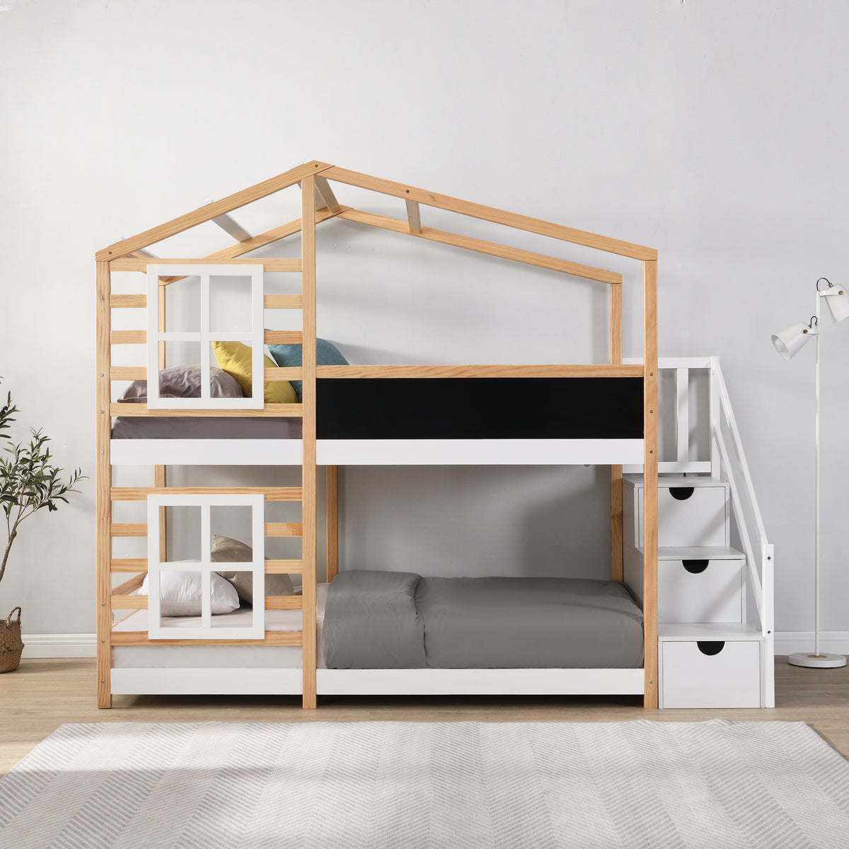 Twin Over Twin Bunk Bed House Bed With Roof and Storage