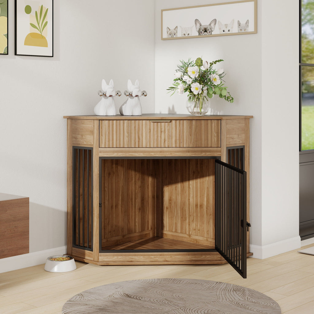 Corner Dog Crate with Fluted Drawer - White or Dark Brown