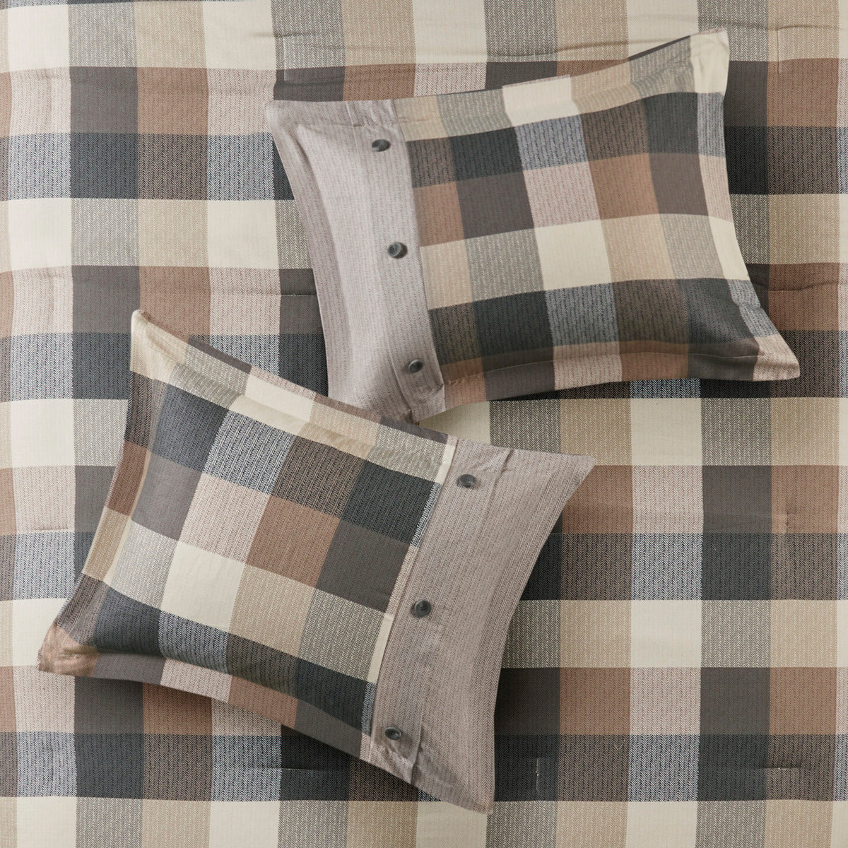 Herringbone Comforter Set with Buffalo Plaid - King, Neutral, 7 Piece