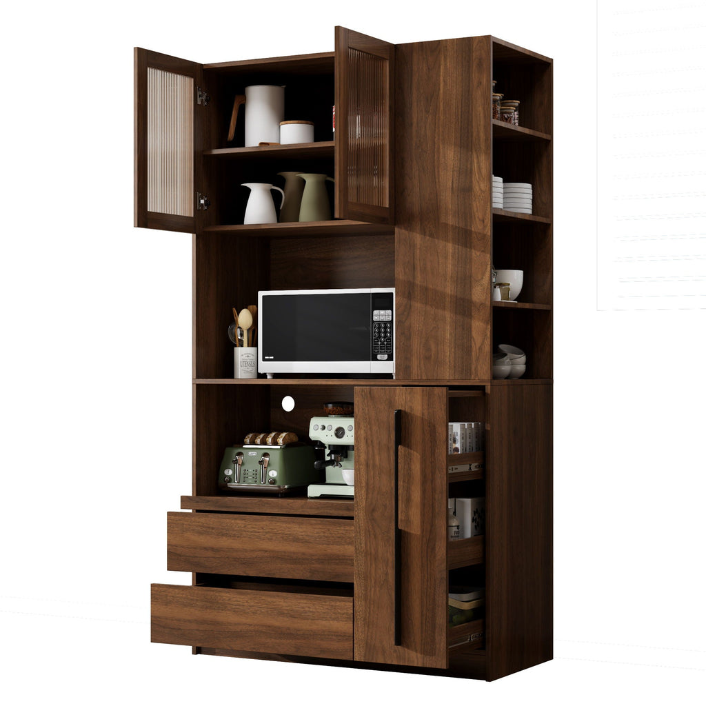 Tall Kitchen Pantry Cabinet with 4 Tier Side Shelf - Walnut