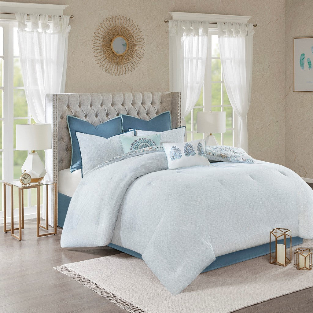 8 Piece Cotton Floral Reversible Comforter Set with Decorative Pillows - Blue