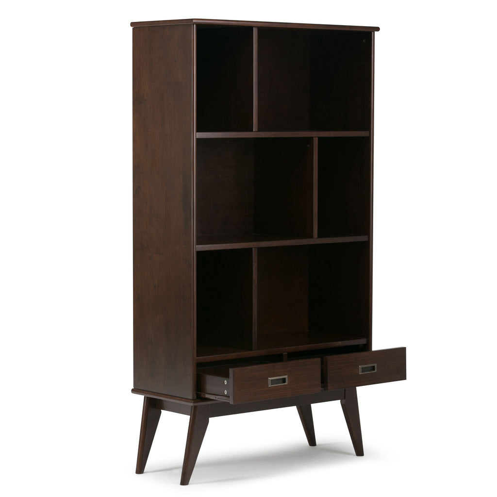 Mid Century Wide Bookcase with Storage Drawers - Multiple Colors