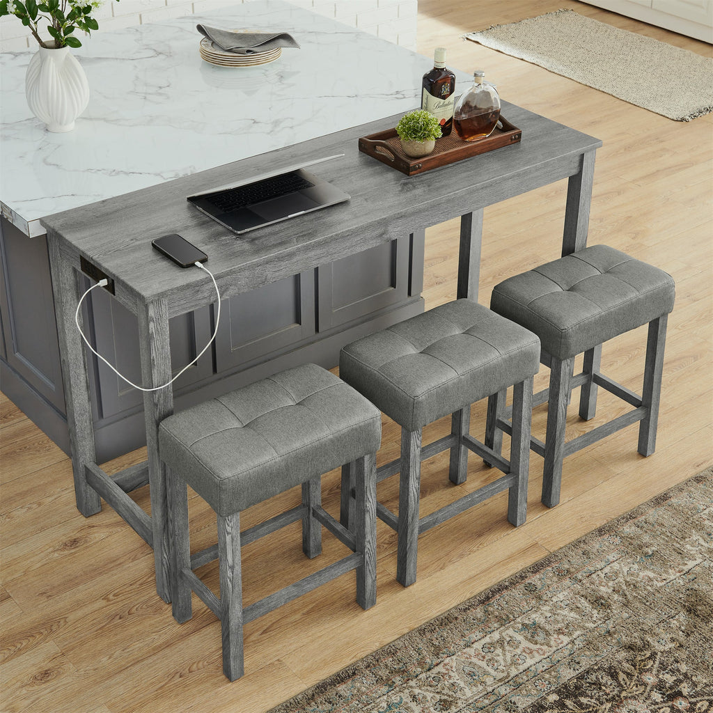 59 Inch Bar Table and Chair Set with Power Outlet - Solid Wood & MDF