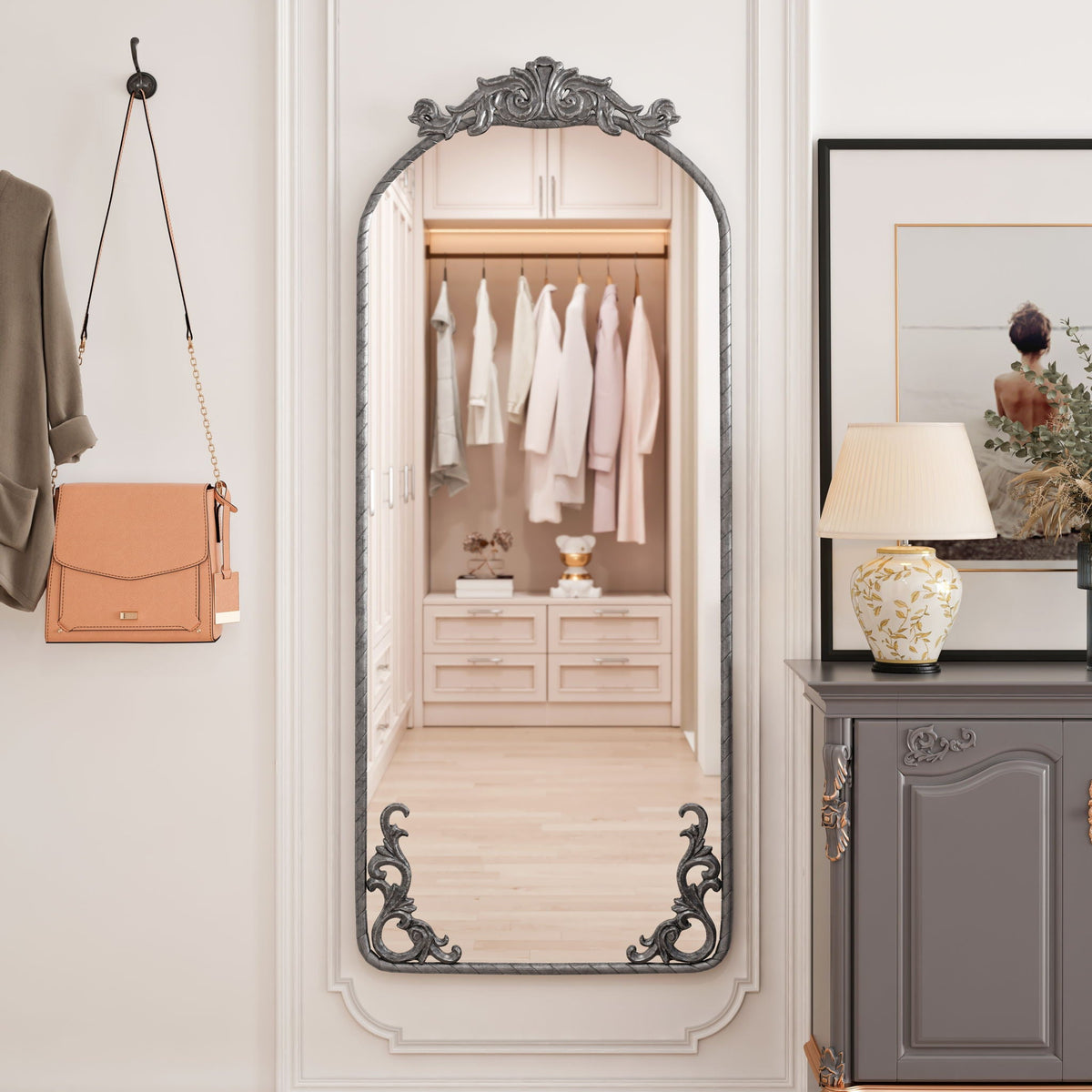 Full Body Arched Mirror with Vintage Carved Applique - Bronze or Pearl Silver