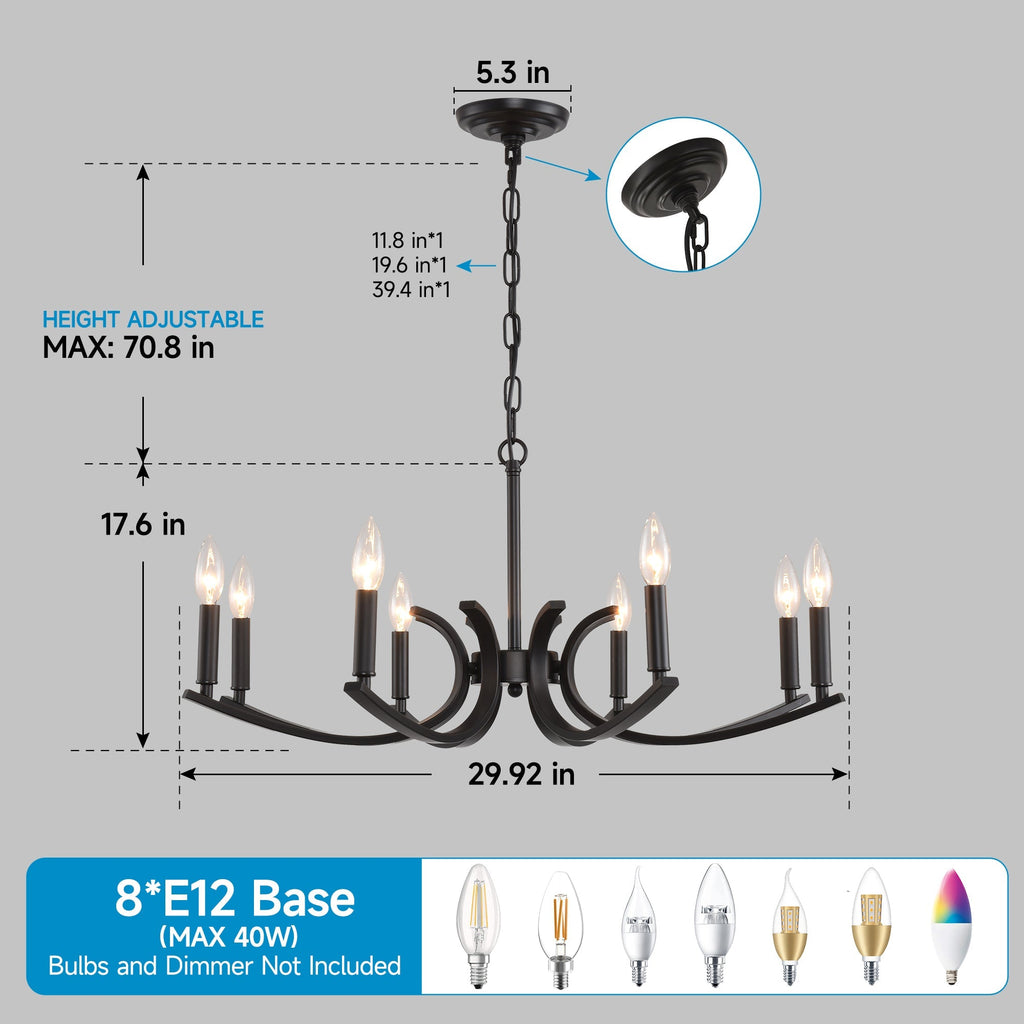 8-Light Farmhouse Chandelier with Adjustable Height - Black Metal