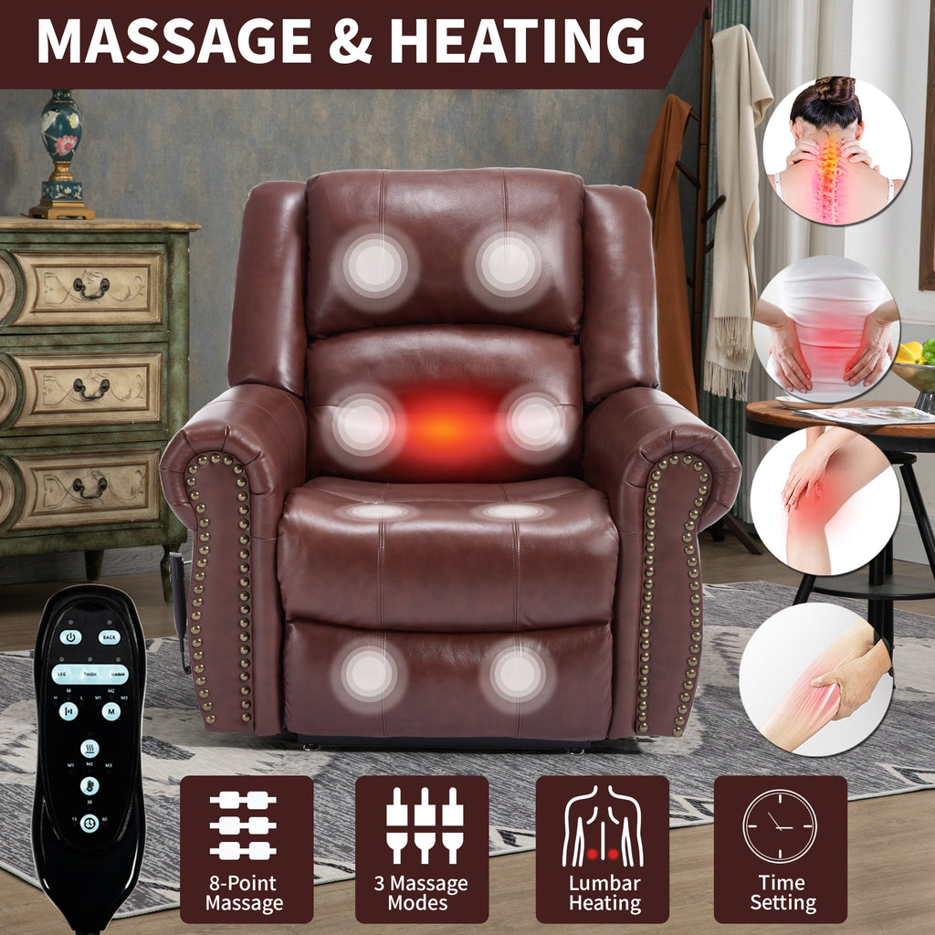 Genuine Leather Power Lift Recliner Chair with Heat and Massage – Brown or Red