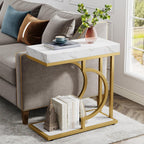 C-Shaped Sofa Side Table with Faux Marble Top - White / Gold