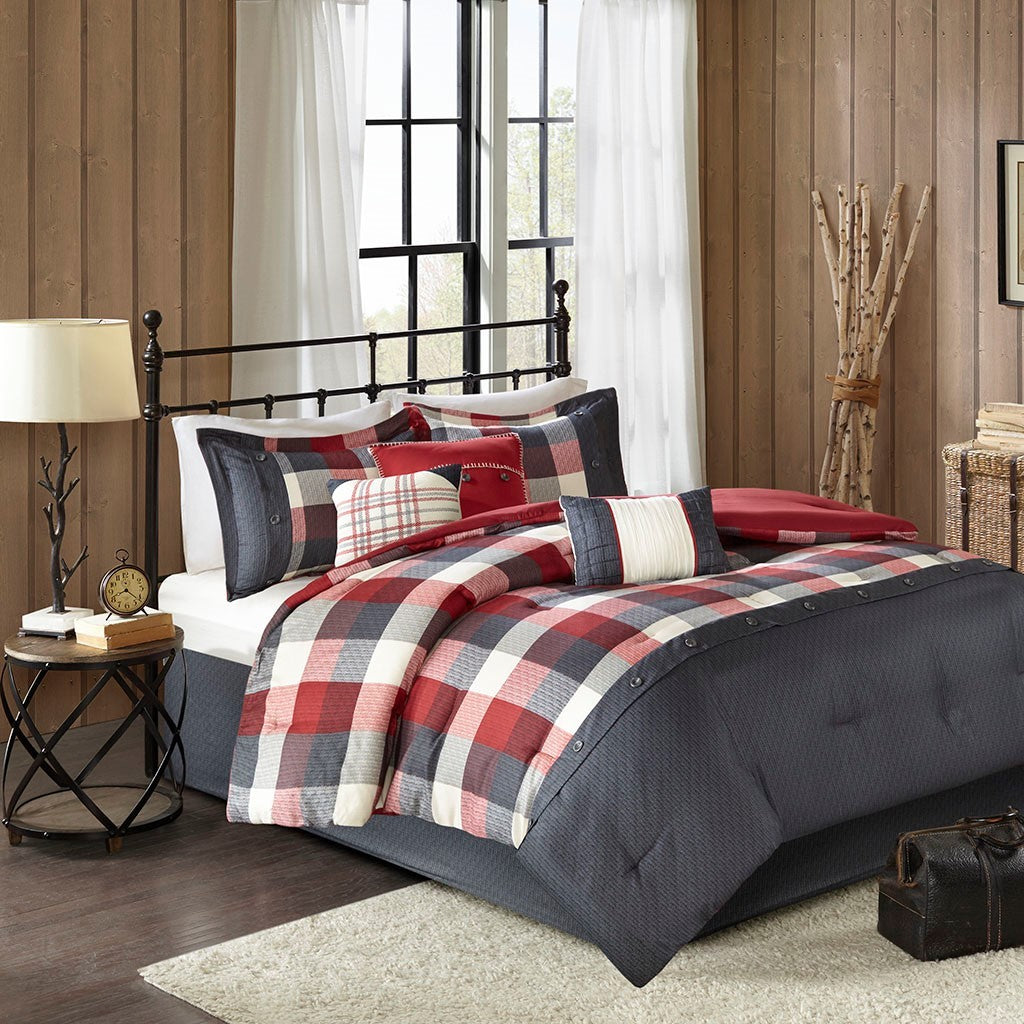 7 Piece Herringbone Comforter Set - Red California King