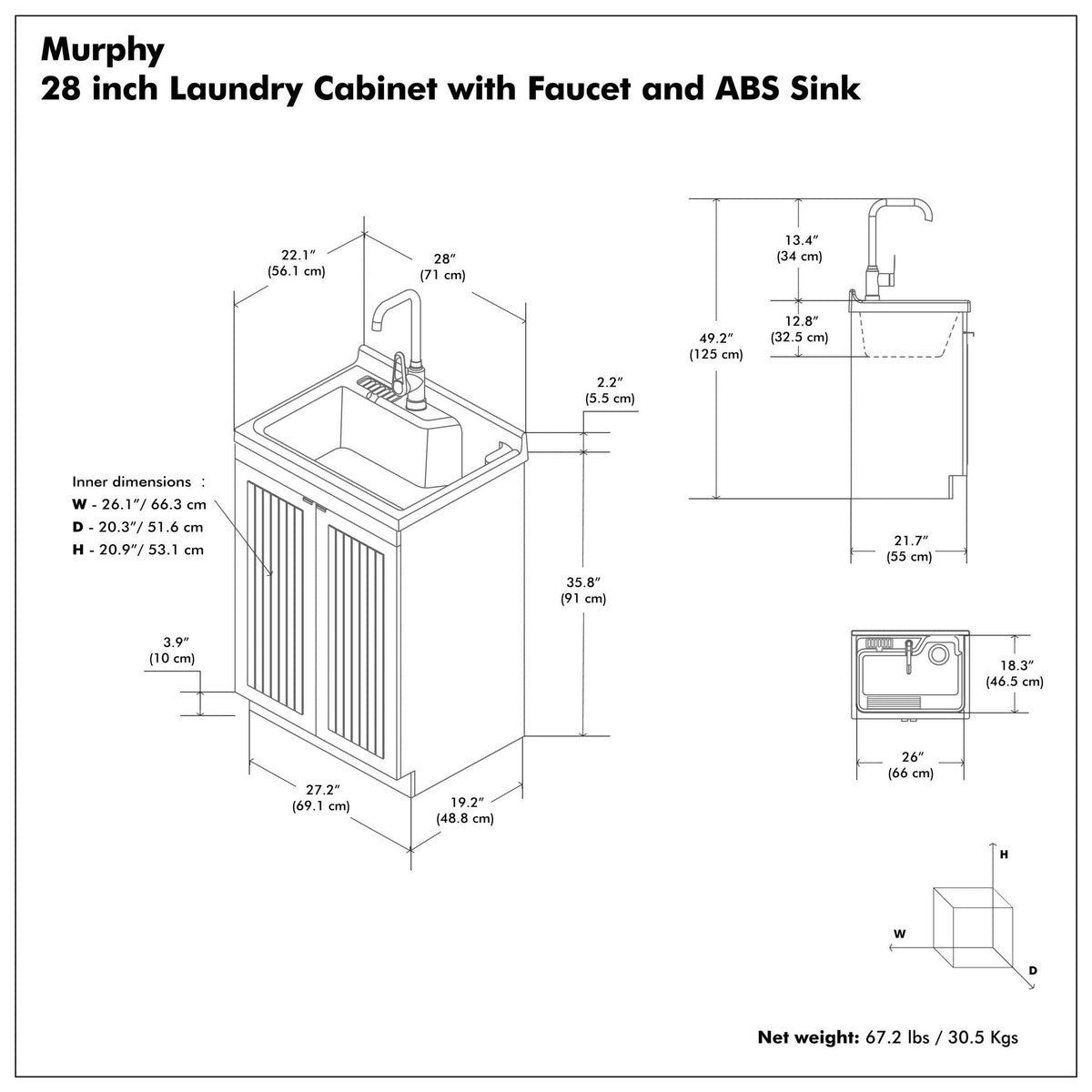 Laundry Cabinet with Stainless Steel Sink and Faucet - White