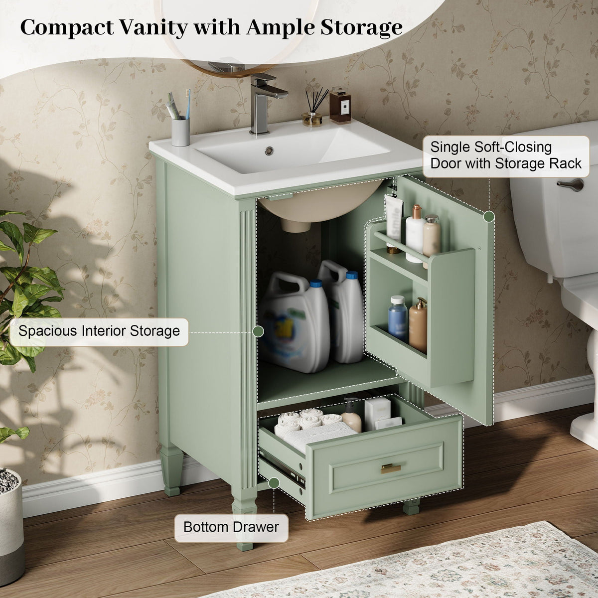 Retro Bathroom Vanity With Sink with Soft-Closing Doors - Green or Dark Gray