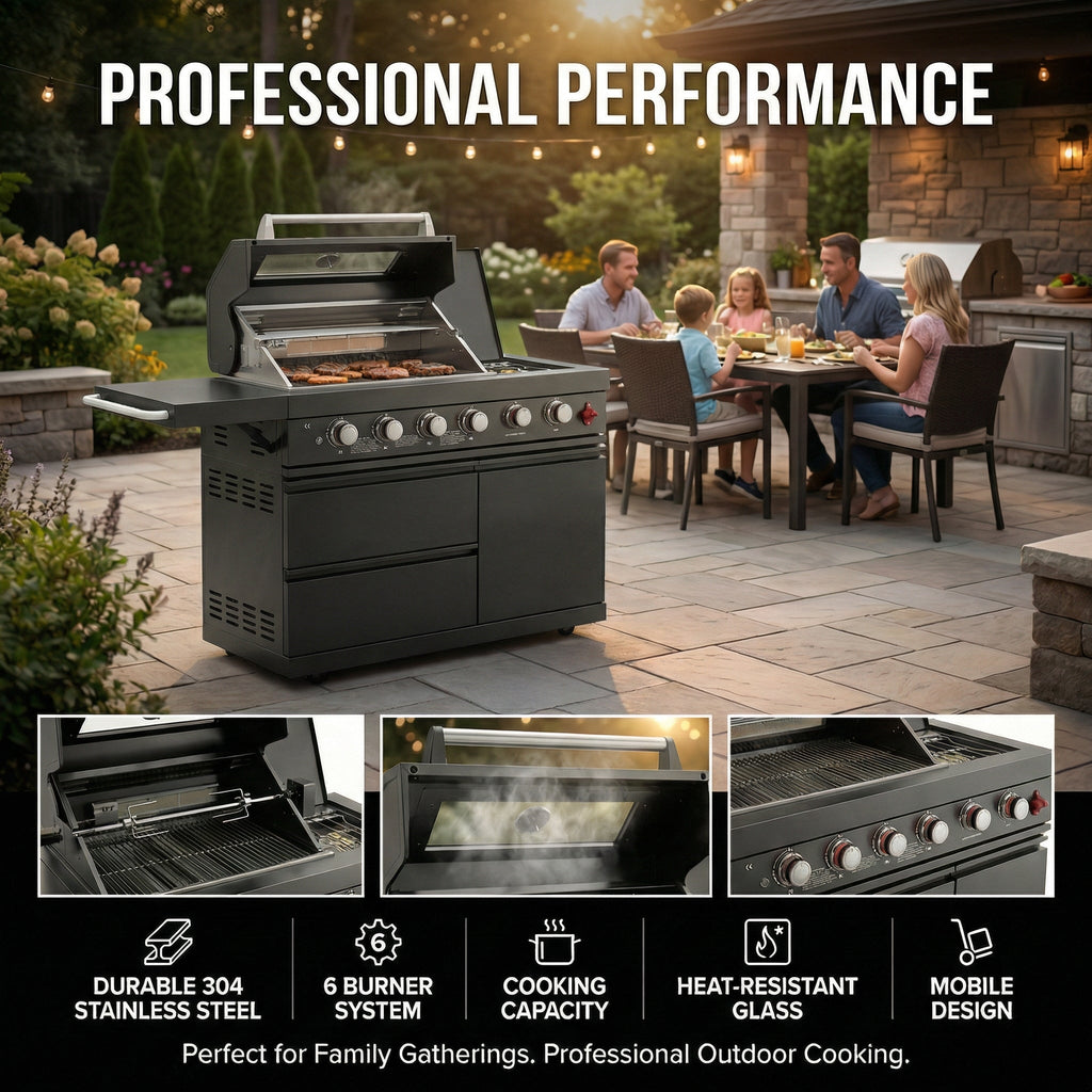 46-Inch 6-Burner Gas Outdoor Grill with LED Controls - Black