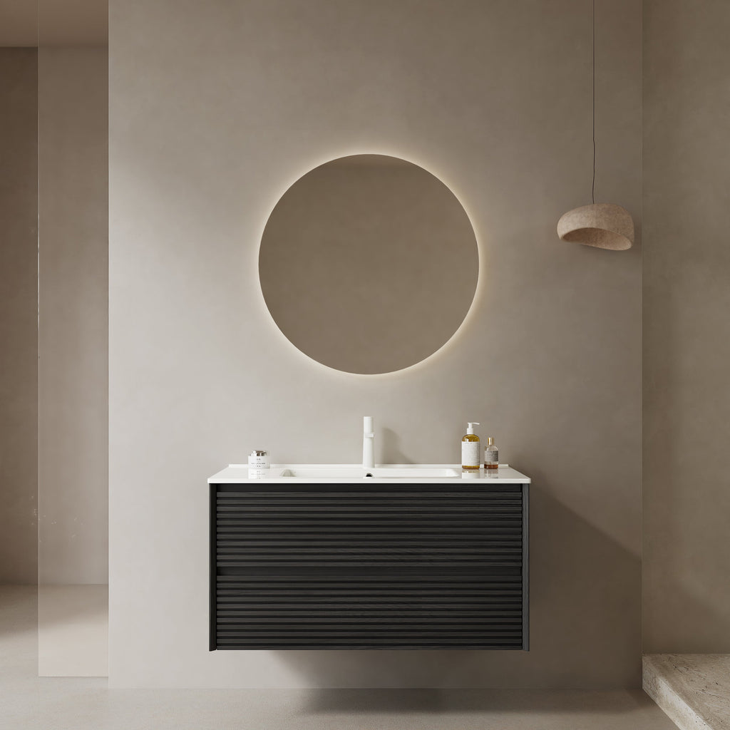 BRON 36" Bathroom Vanity with Sink - Modern Wall-Mounted Floating Cabinet, Dark Oak