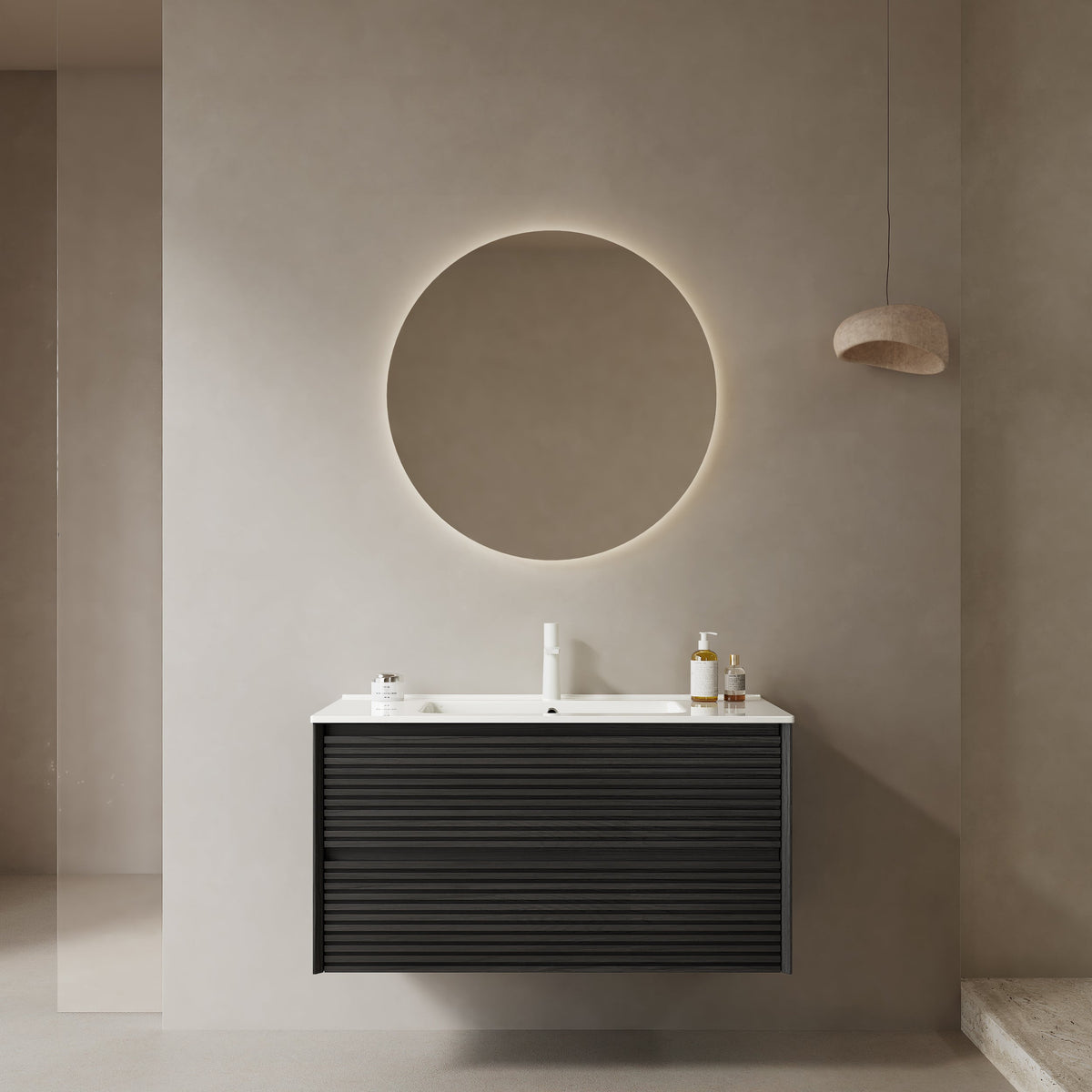 BRON 36" Bathroom Vanity with Sink - Modern Wall-Mounted Floating Cabinet, Dark Oak
