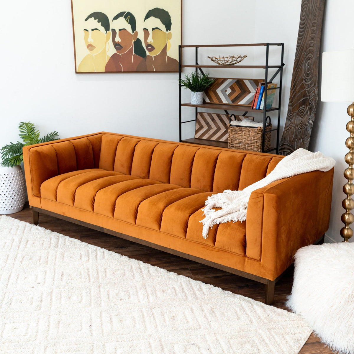 Mid Century Modern Sofa with Pet-Friendly Upholstery - White, Green, Orange