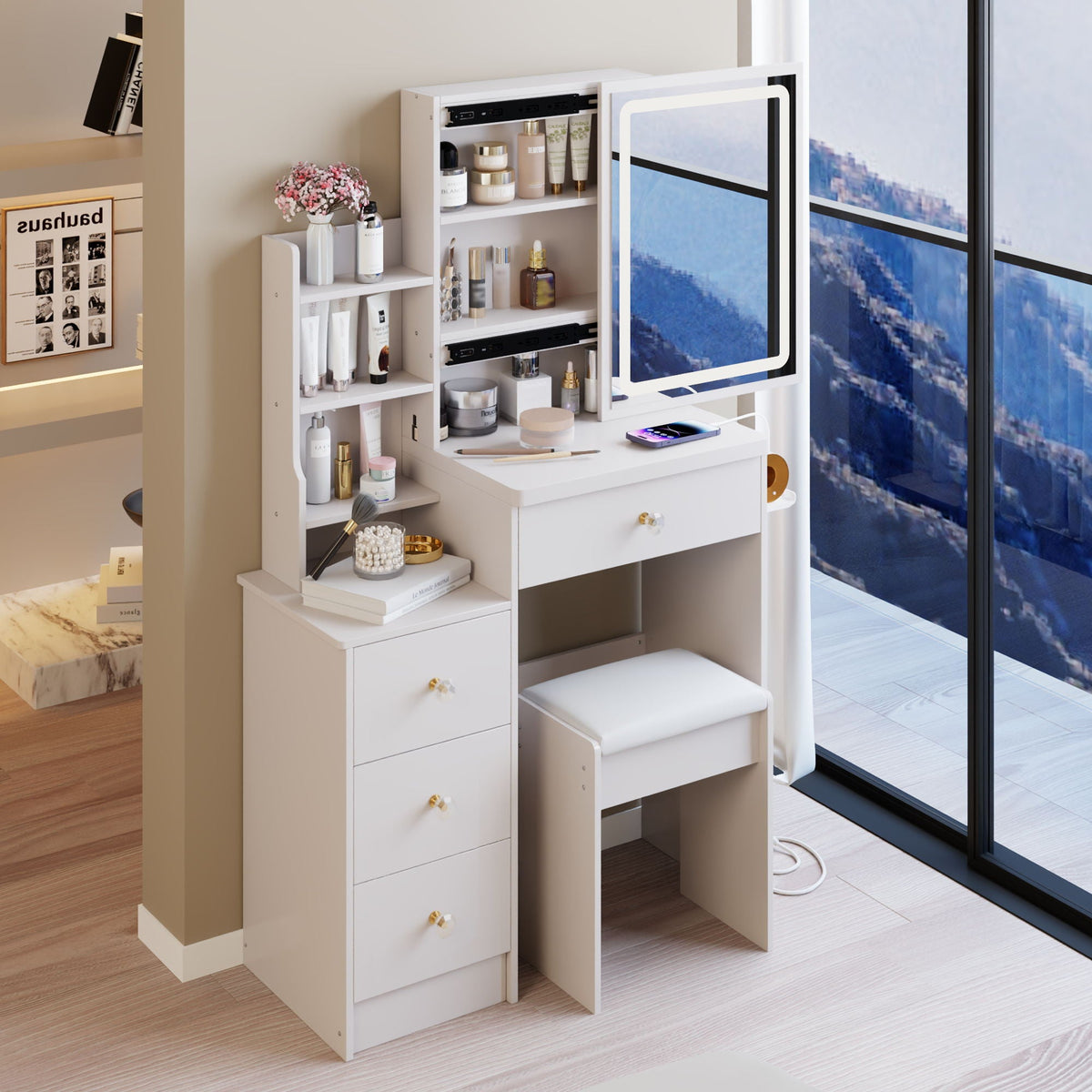 White Vanity Set with USB Power Station and Cushioned Stool