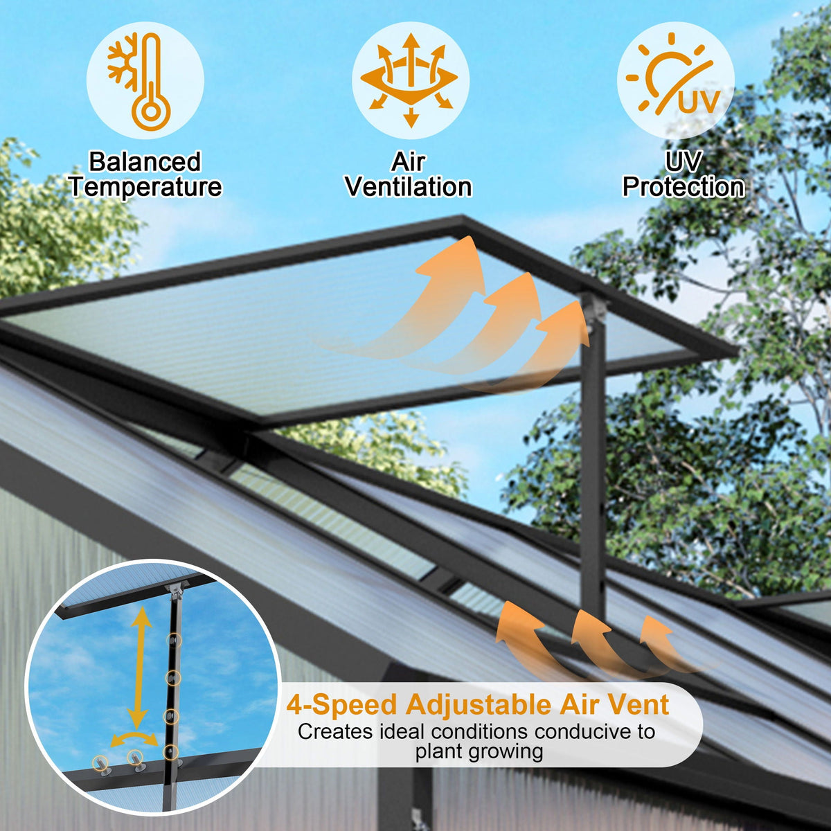 Windproof Greenhouse with Raised Base - Polycarbonate Panels - Black