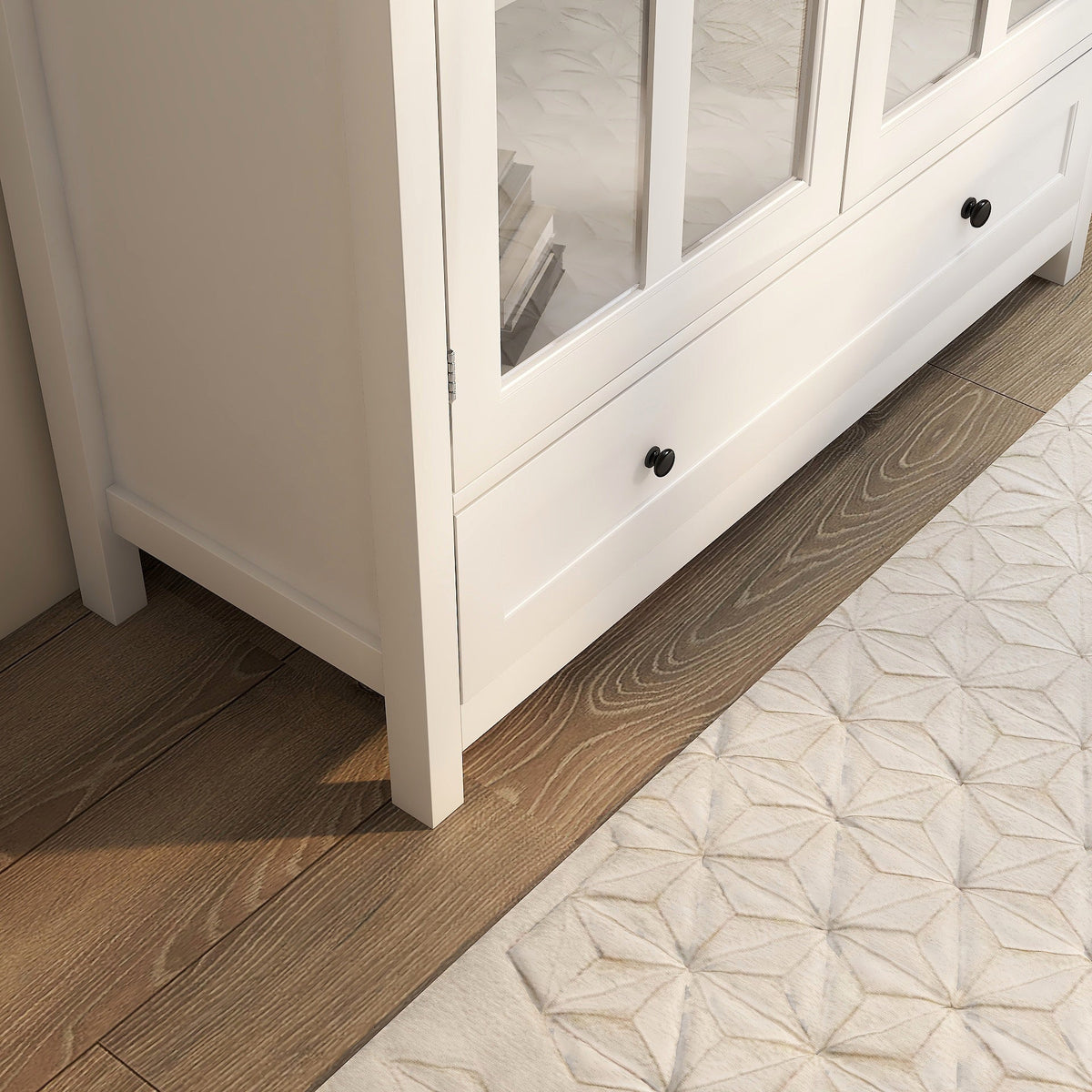Buffet Storage Cabinet with Double Glass Doors and Bell Handle - White