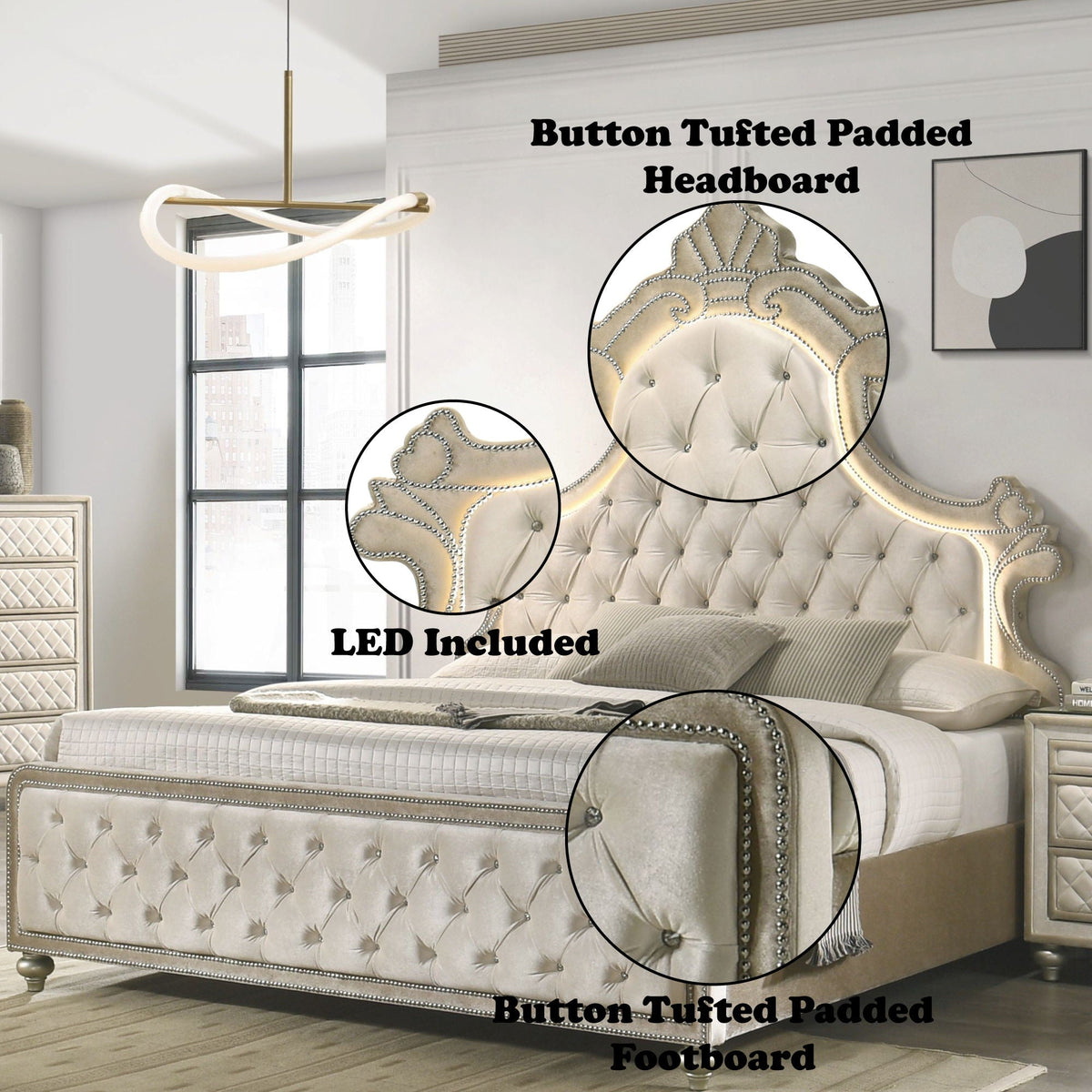 Lucienne Upholstered Bed with LED Lighting - Beige