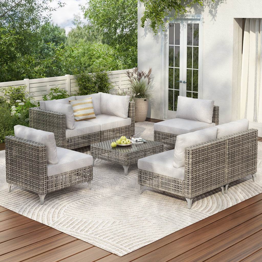 7-Piece Wicker Patio Furniture Set with Water-Resistant Cushions - Neutral