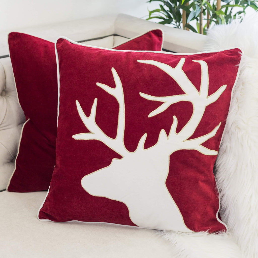 Holiday Reindeer Velvet Accent Pillow with Insert - Red and White