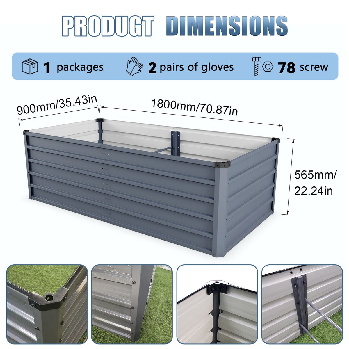 Large Galvanized Steel Garden Bed with Open-Bottom Drainage - Dark Gray