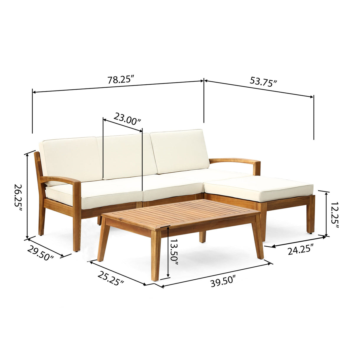 L Shape 3-Piece Acacia Wood Patio Sofa Set with Waterproof Cushions - Natural Finish