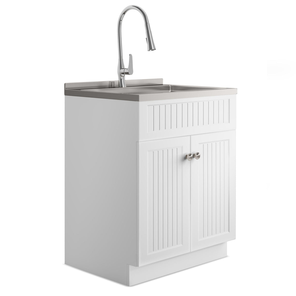 White Laundry Cabinet with Stainless Steel Sink and Faucet