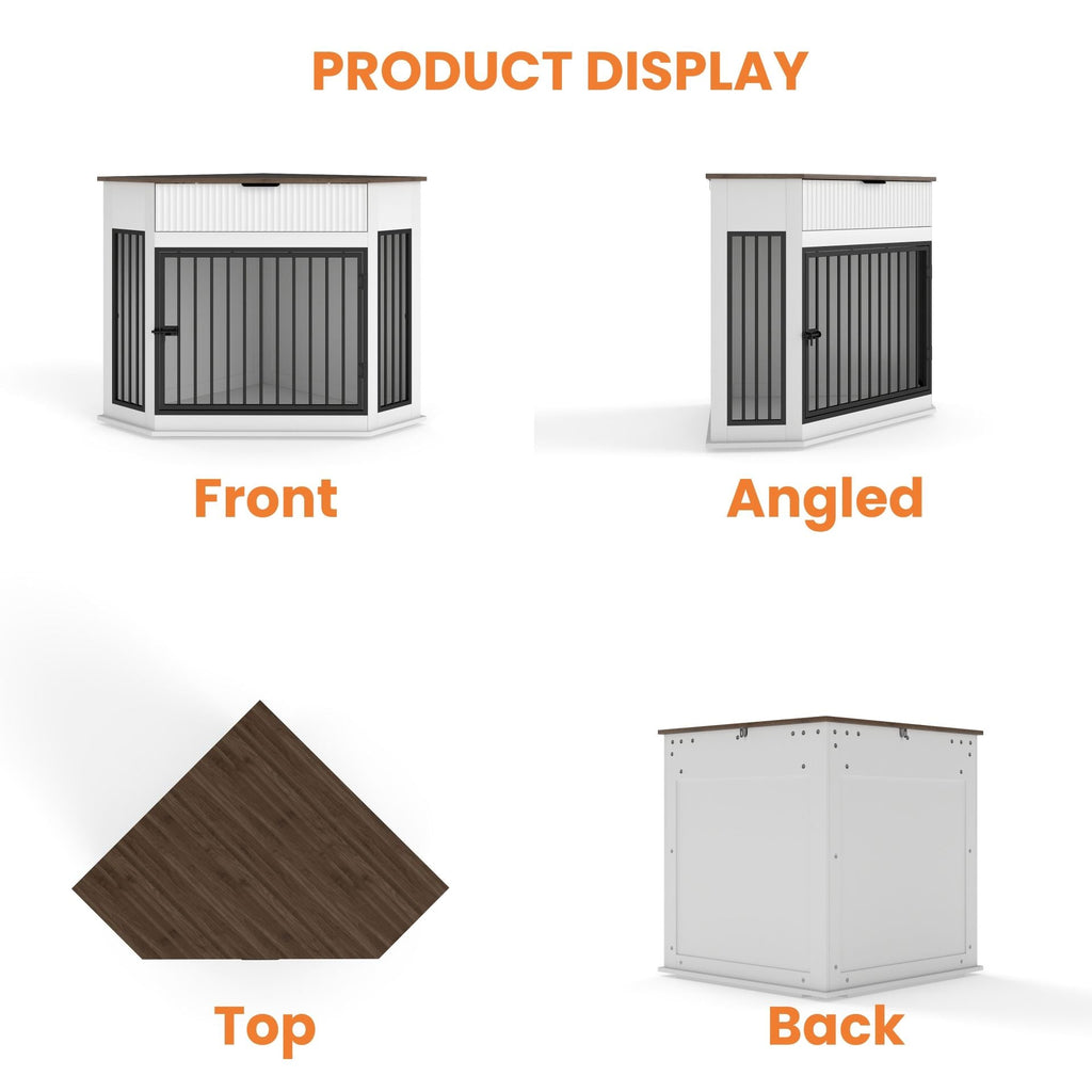 Corner Dog Crate with Fluted Drawer - White or Dark Brown