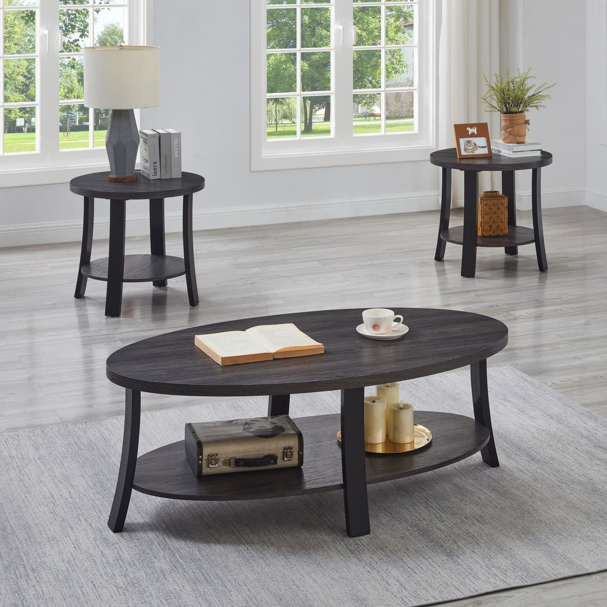 Contemporary 3 Piece Coffee Table Set with Oval Wood Shelf - Charcoal