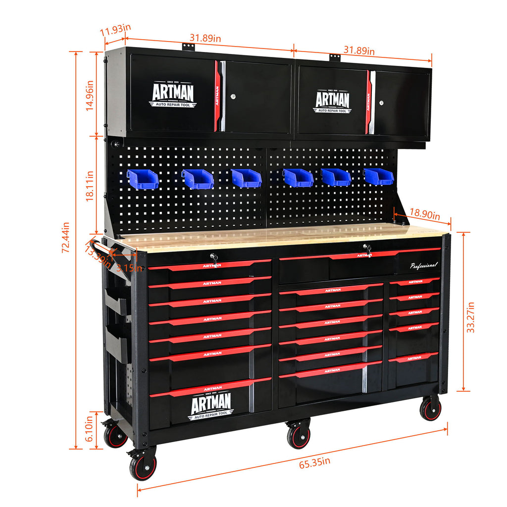 Wall Mounted Double Door Storage Cabinet with Tool Rack and Hooks - Black / Red