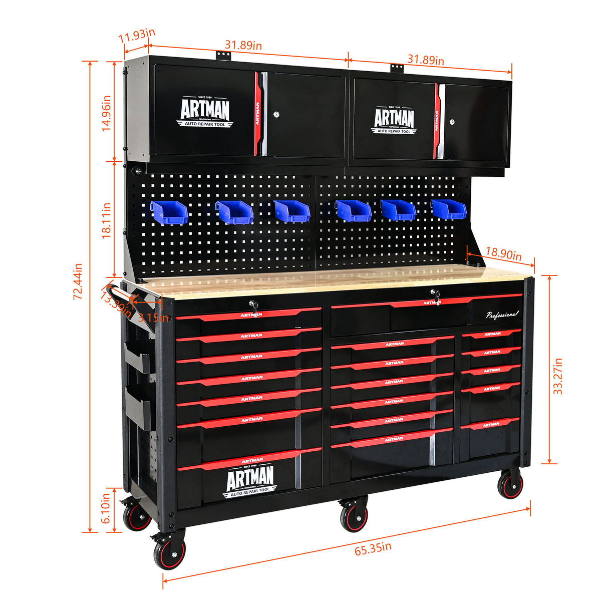Wall Mounted Double Door Storage Cabinet with Tool Rack and Hooks - Black / Red
