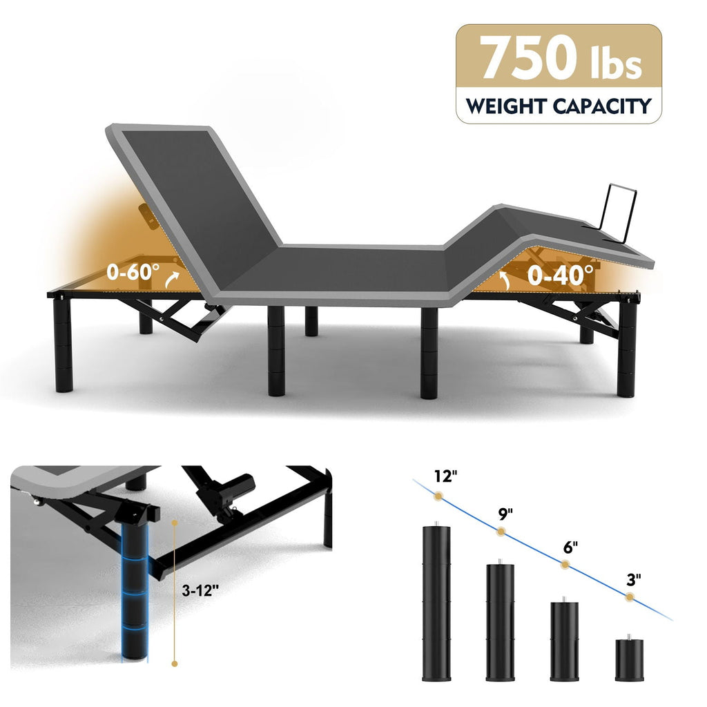 Adjustable Bed Frame with Massage & Wireless Remote - Dark Gray