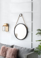 Black Circle Wall Mirror with Rope Strap - Contemporary Metal Frame